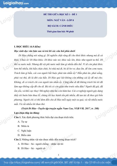 Đề thi giữa kì 1 Văn 8 Cánh diều - Đề số 1